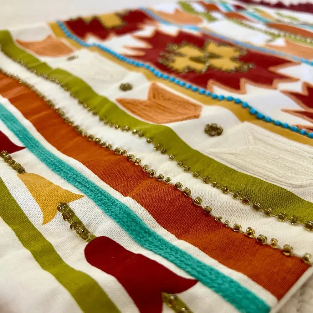 Southwestern Western Lumbar Pillow Cover 20x14 Embroidered Fringe Beaded Cotton